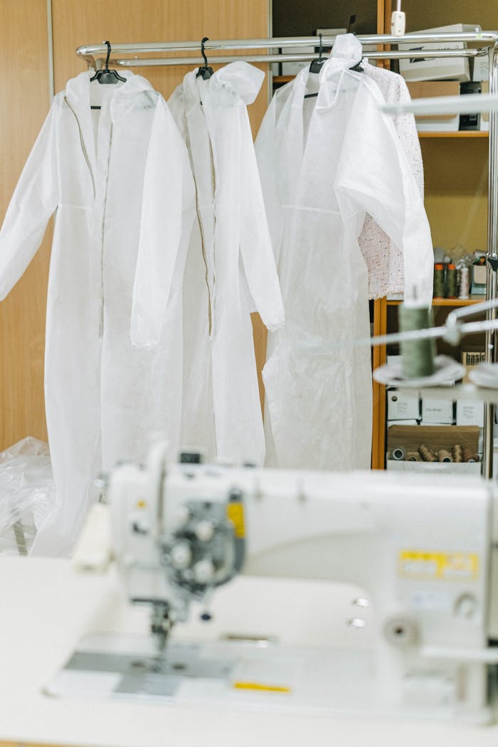 Crafting Captivating Headlines: Your awesome post title goes here A sewing room showcasing hanging protective suits and a sewing machine.